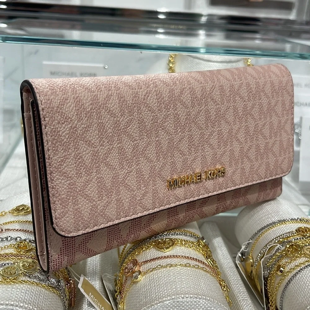 Michael Kors Jet Set Large Logo Trifold Wallet Powder Blush Multi NWT